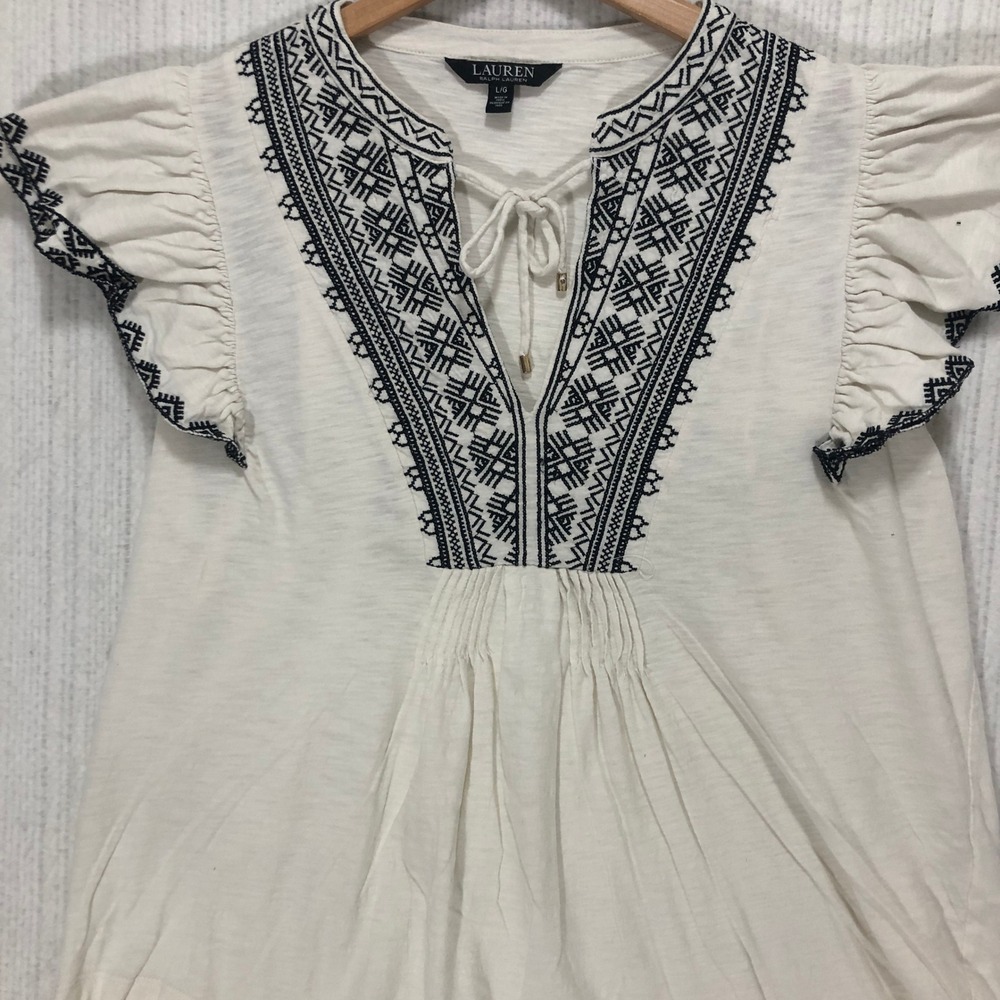 Lauren Ralph Lauren White Embroidered Flutter Sleeve Cotton Boho Top Large